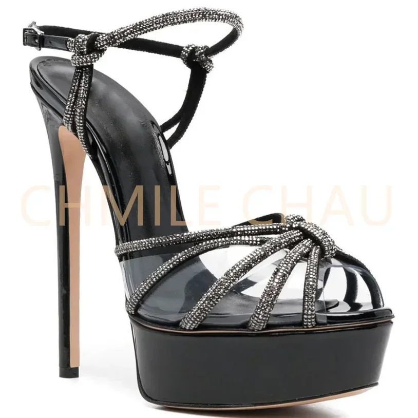 

【Measure your feet length before order】Crystal Strap Luxry Designer Women Sandal Stiletto High Heel Platform Dress Shoe 9-CHC-30