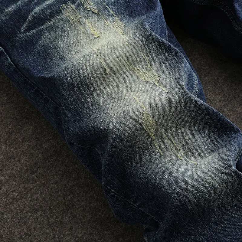 Designer Fashion Men Jeans Retro Washed Blue Stretch Slim Fit Ripped Jeans Men High Quality Y2K Vintage Casual Denim Pants