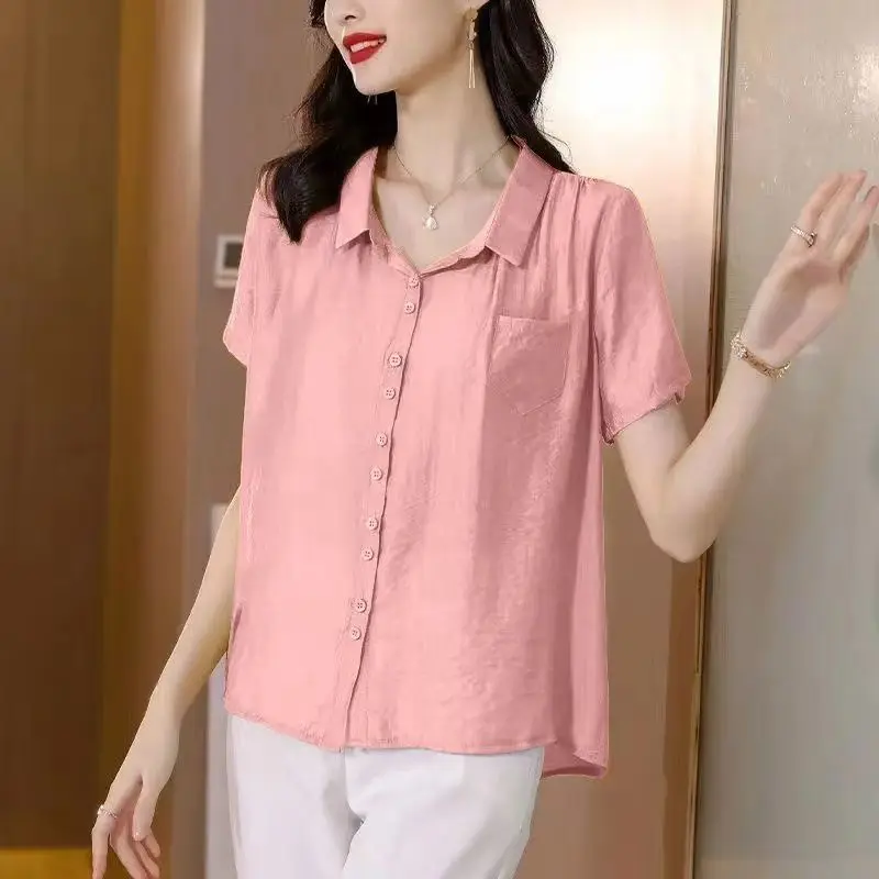 2024 Summer Women\'s Stylish Solid Button Up Shirt Elegant Short Sleeve Cotton Linen Blouse Female Casual Loose Irregular Tops