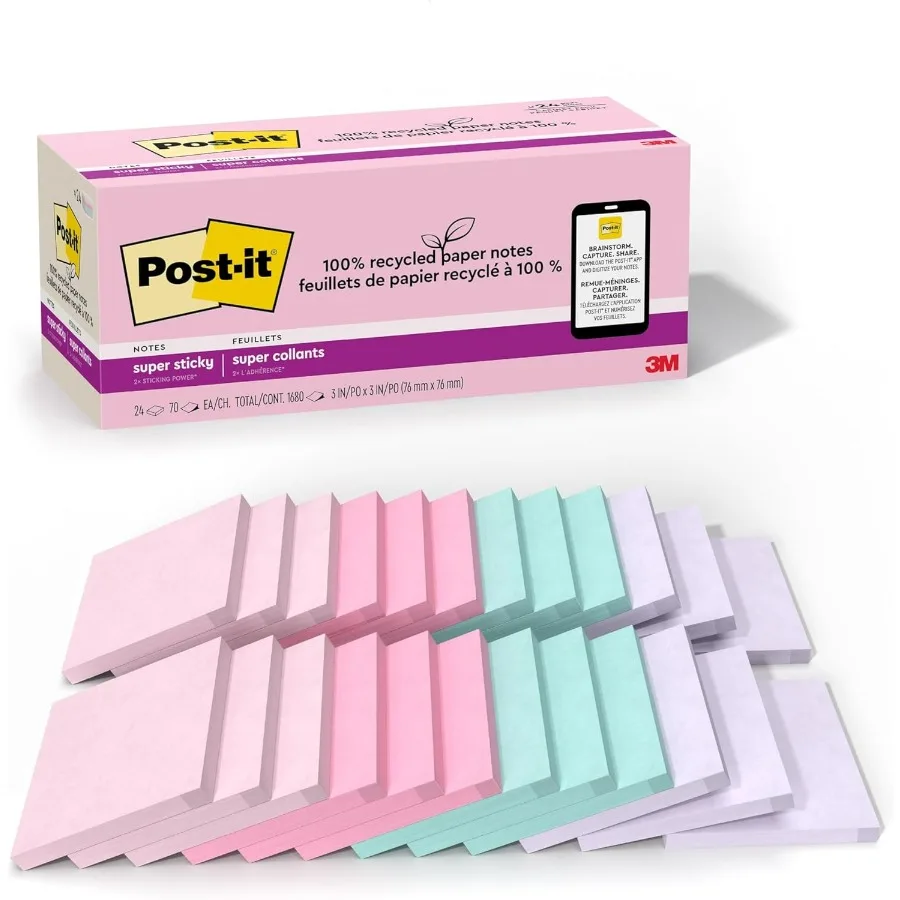 

100 Recycled Paper Super Sticky Notes with 2X the Sticking Power 3x3 inches 24 Pads per Pack 70 Sheets per Pad Ideal for Office