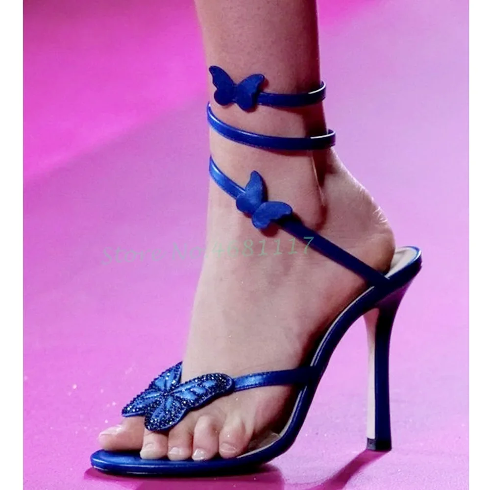 

Butterfly Cross Heels Sandals Crystal Luxury High Thin Heels Rhinestone Solid Sandals Peep Toe Bling Women's Party Summer Shoes