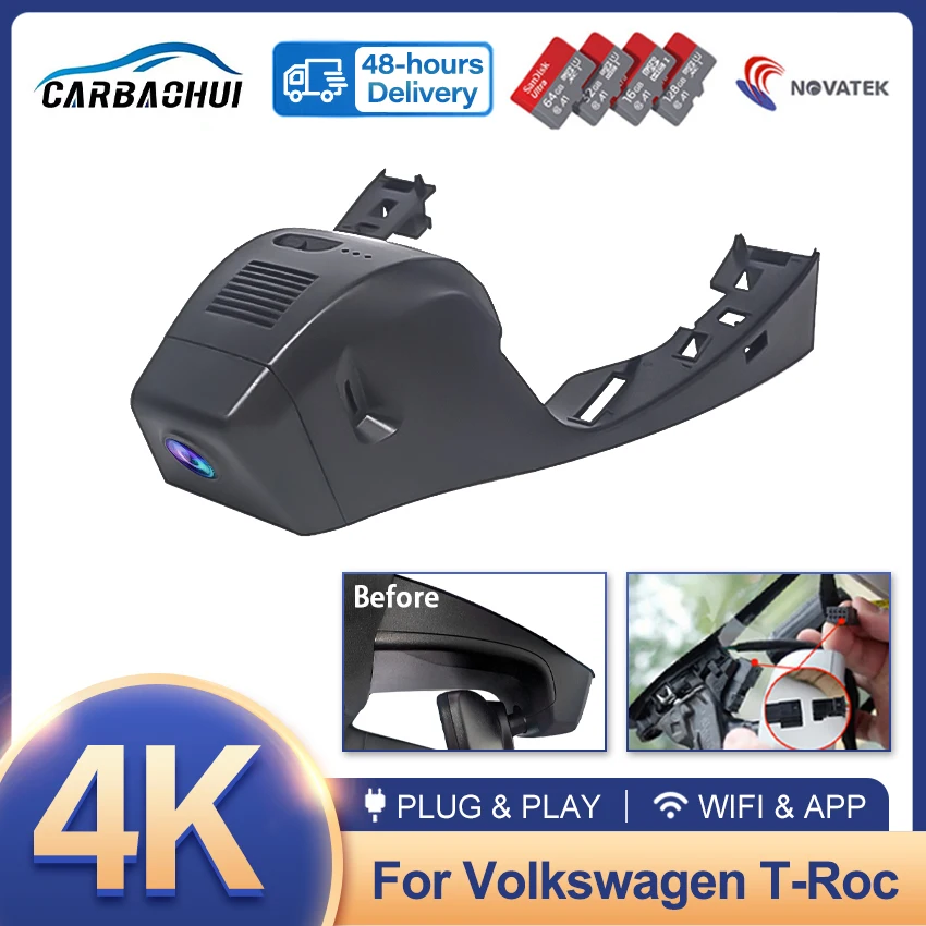 For VW Volkswagen T-Roc T Roc Troc 2017-2024, Plug and Play 4K Dashcam Wifi Dash Camera Dash Cam for Car Vehicle Video Recorder