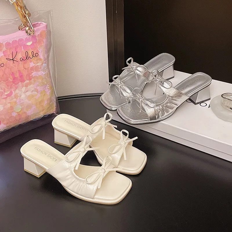 

Women Slippers French Butterfly Knot Slippers 2025 Summer New Fairy Style Banquet Dress Shoes Women Square Toe Peep Toe Slippers