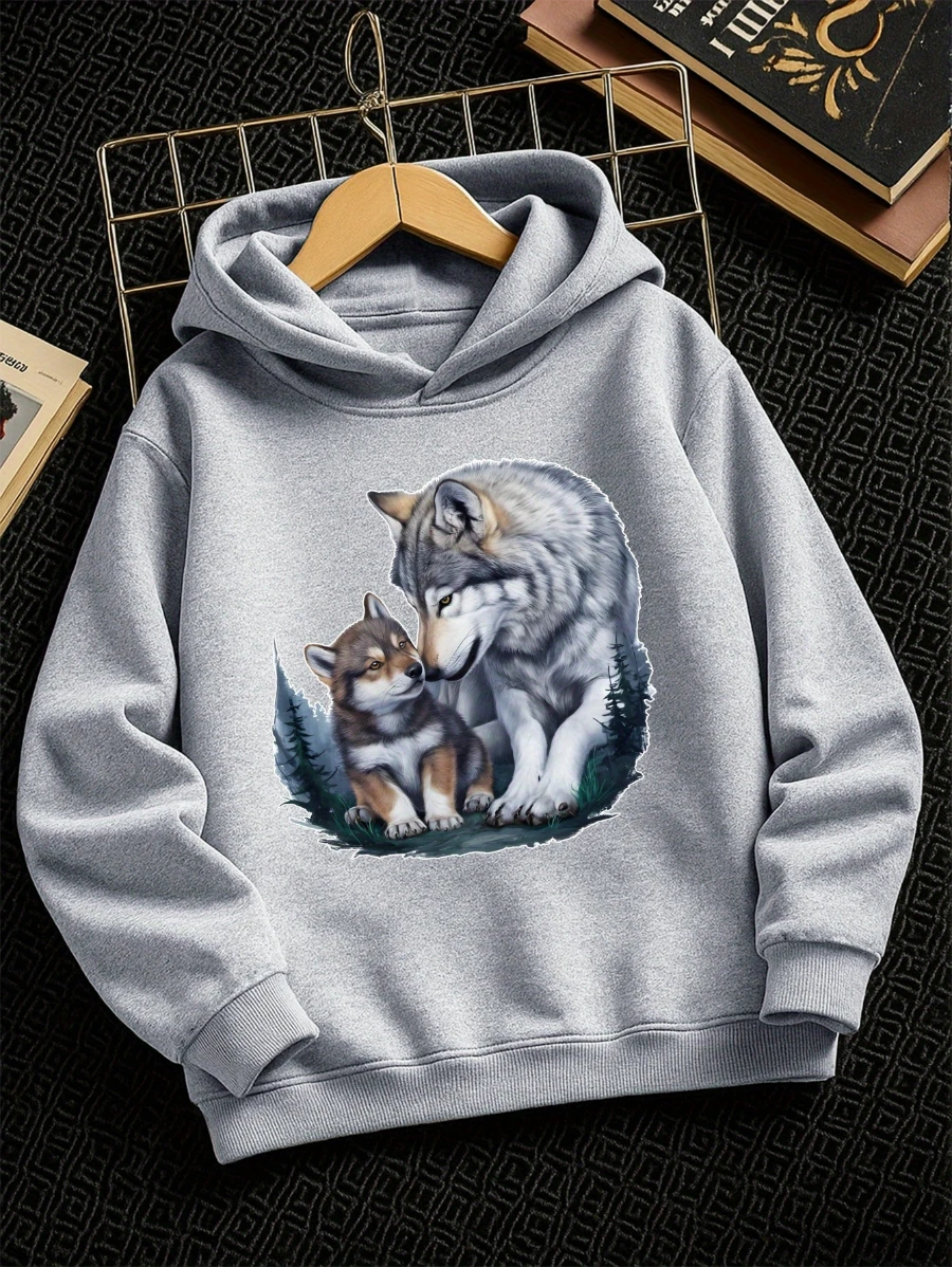 Kids Boys Girls Wolf Graphic Hoodie Grey Printed Animal Sweatshirt School Clothes Birthday Present Autumn Winter Tops