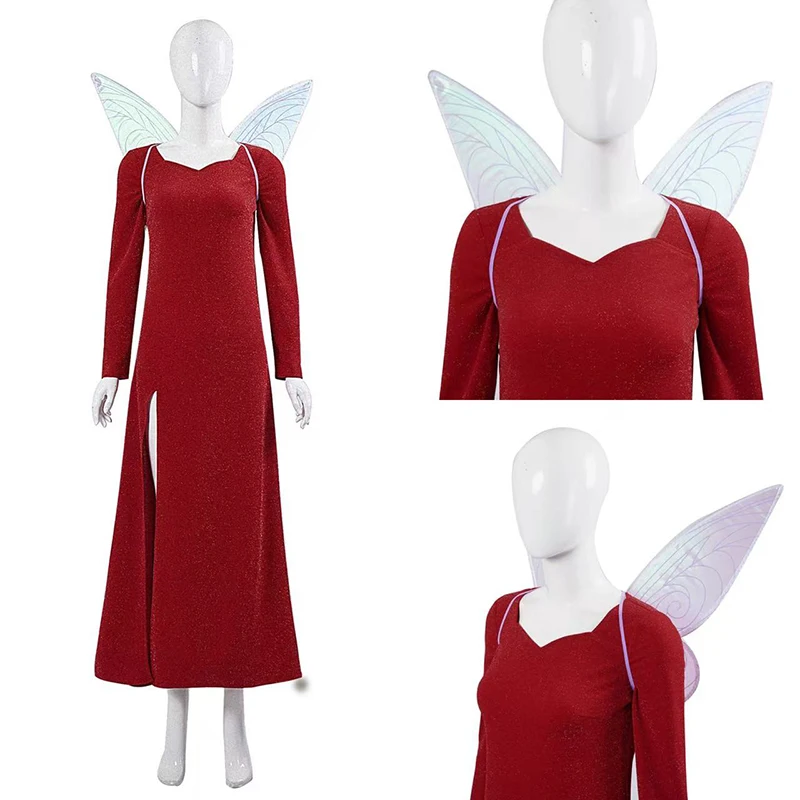 

Musical Movie The Fairy Godmother Cosplay Costume Red Dress Long Dress Halloween Monster Fairy Wings Magic Wand Stage Show Set