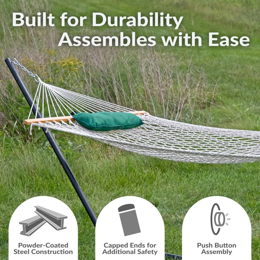 Rope Hammock with Stand for Outside 275Pound Capacity Includes 12Foot Hammock Stand, Spreader Bar, Pad, and Pillow Green amp Wh