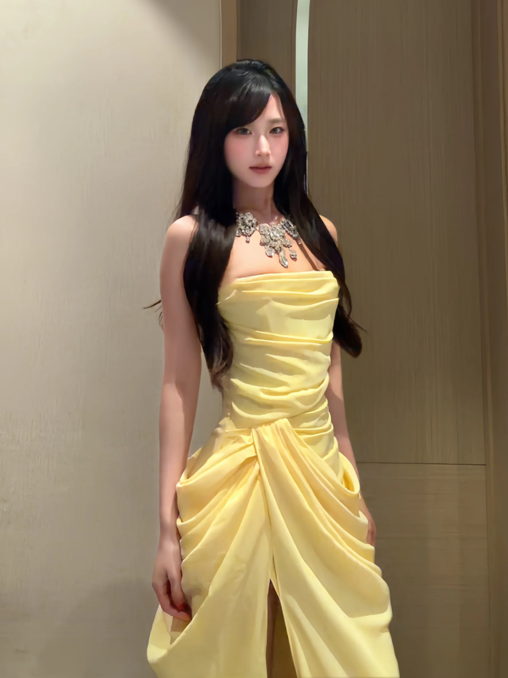 

Keni plus Size Pure Desire Strapless Yellow Fishbone Evening Gown Women Summer Slightly Plump White Enhancing Long Dress