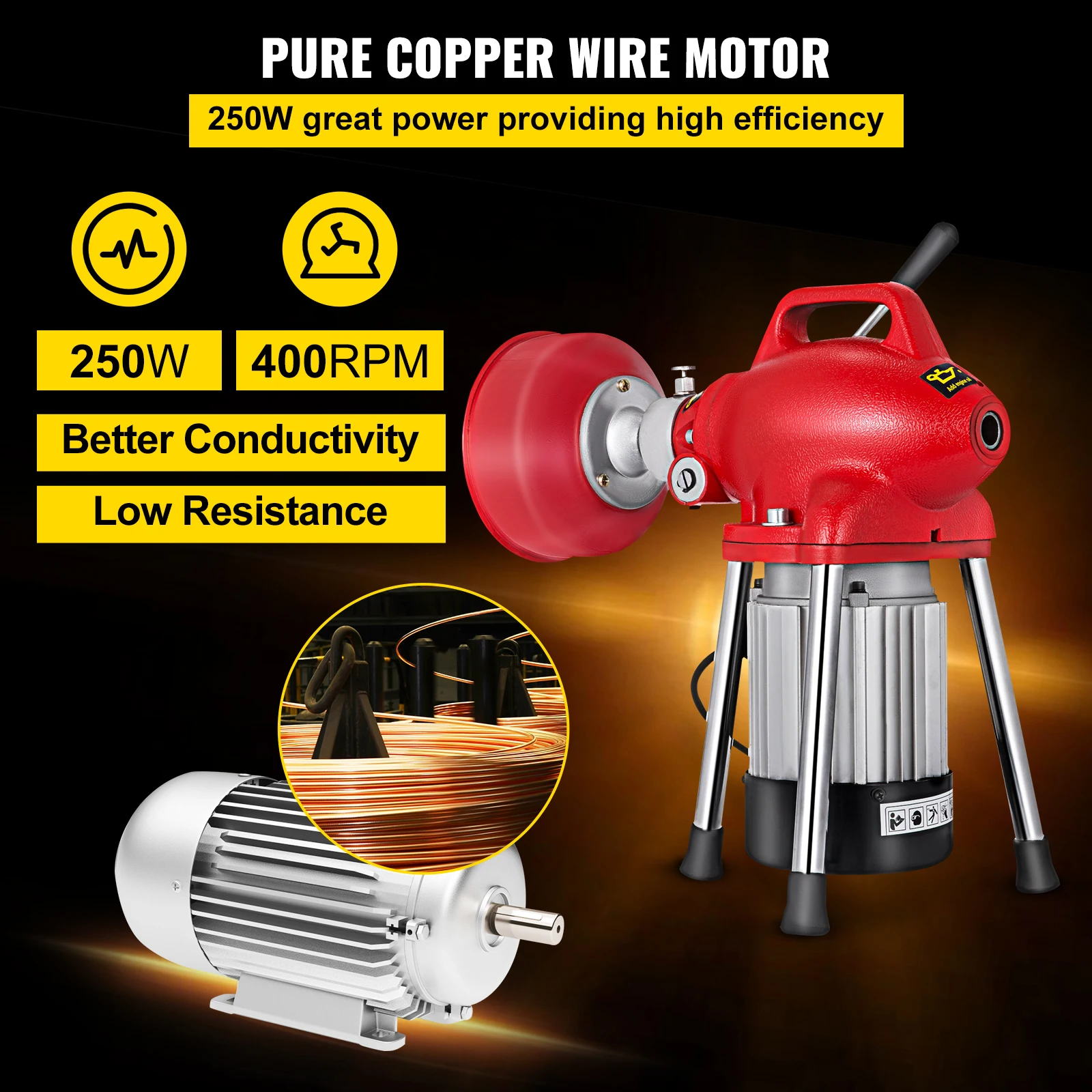 VEVOR Macchina per la Pulizia degli Scarichi 250/400/500 W 2 Cavi Coclea di Scarico Elettrica per Tubi da 3/4" a 4" Power Spin con Funzione di Alimentazione Automatica e 6 Taglierine