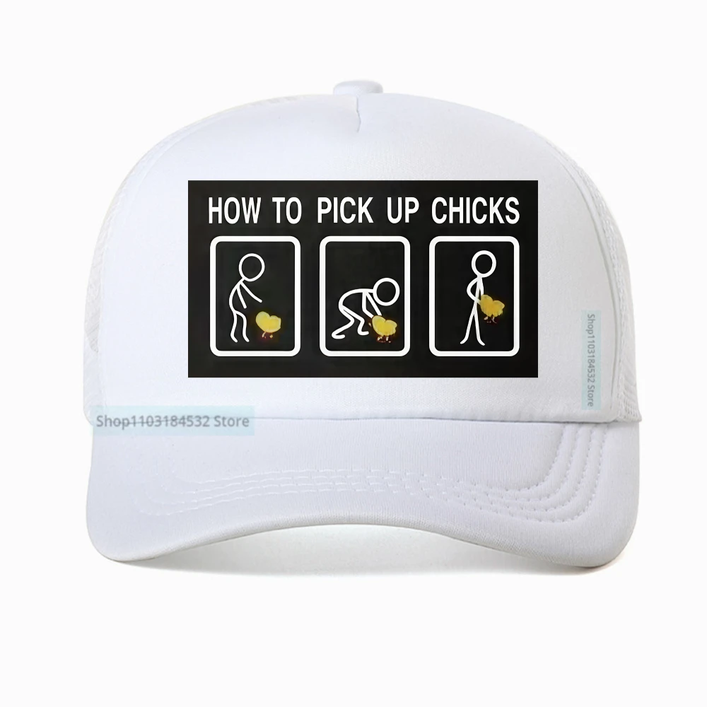 Funny How To Pick Up Chicks Print Baseball Cap Men Summer Fashion Mesh Trucker Breathable Adjustable Snapback Hat