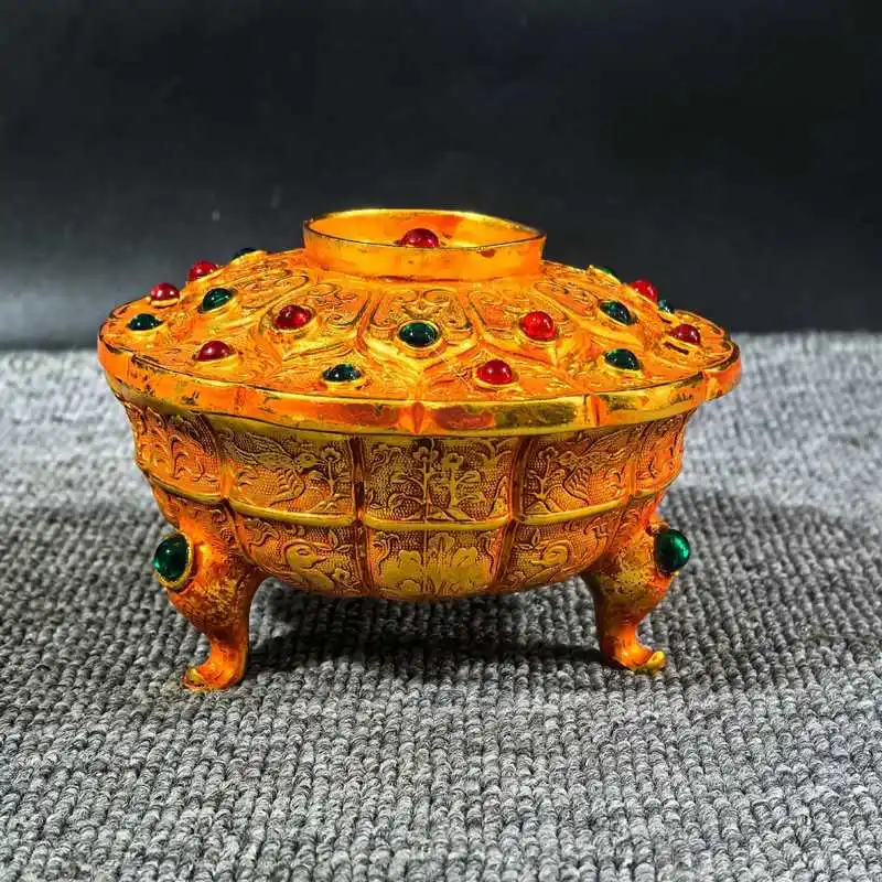 Inlaid with gemstones Gilt-engraved three-legged incense burner ornament Home Office Desktop Decoration Gifts and Crafts