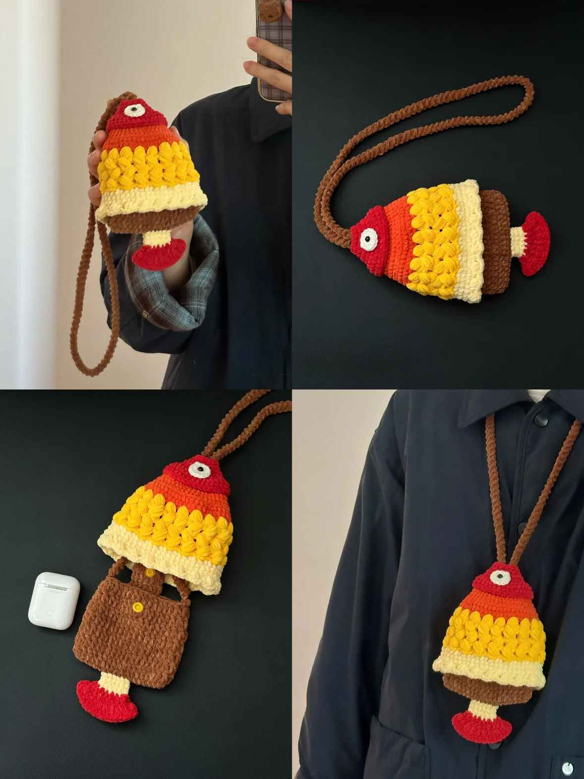 Handmade Crochet Yarn Fat Head Fish Earphone Coin Purse Doll Hanging Toy DIY Material Kit Gift for Boredom Relief