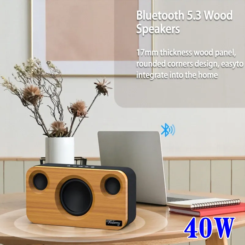 Subwoofer Hi-fi Stereo Sound System Bluetooth Speakers 40W Portable BT Retro Bamboo Wireless Bass Speaker Music Center TF AUX PC