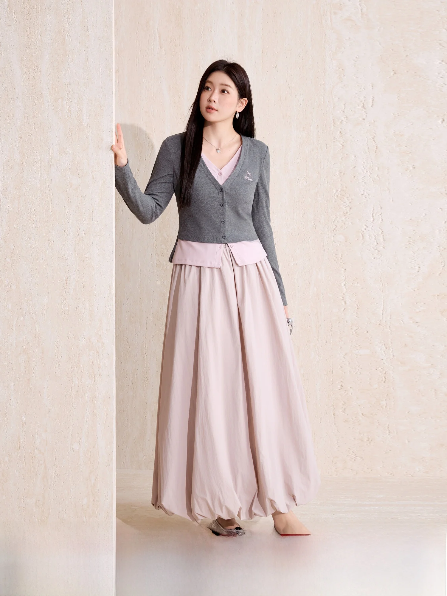 

plus Size Knitted Open Cardigan And Skirt Set in Pastel Pink with Bloom Print for Pear aped Women Spring Autumn Faion