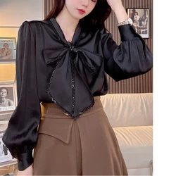 Spring Autumn New Fashion Solid Shirts Women's Clothing Scarf Collar Long Sleeve Pullovers Pleated Lace Simplicity Thin Blouses