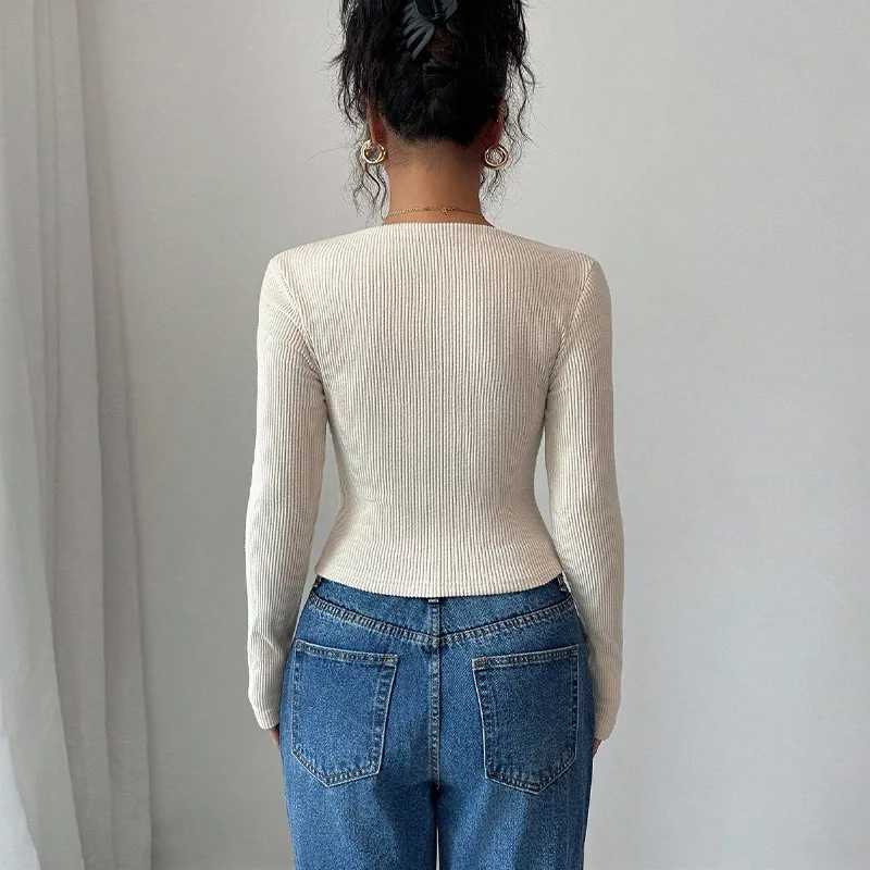 Dopasowany sweter z dzianiny, jednolity kolor, elastyczna baza, modny damski sweter z włókna poliestrowego, ocieplany, na jesień i zimę.