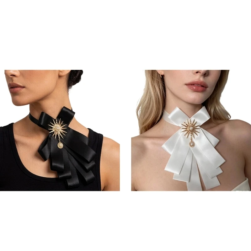 573B Contemporary Bows Tie Collar with Faux Pearls and Ribbon Design Polyester Neckwear for Event Stage Costume Accessories