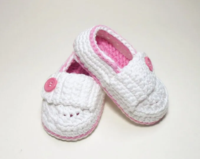 

Special clearance- Pure handmade crochet baby shoes 100% cotton.Double soles,baby Crib Shoes Houseshoes white with pink bordered