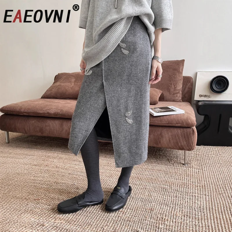 

EAEOVNI осенне-зимняя шерстяная женская юбка с ромбовидным дизайном, сплит-дизайн, однотонные тонкие юбки, элегантная новинка 2026 г.