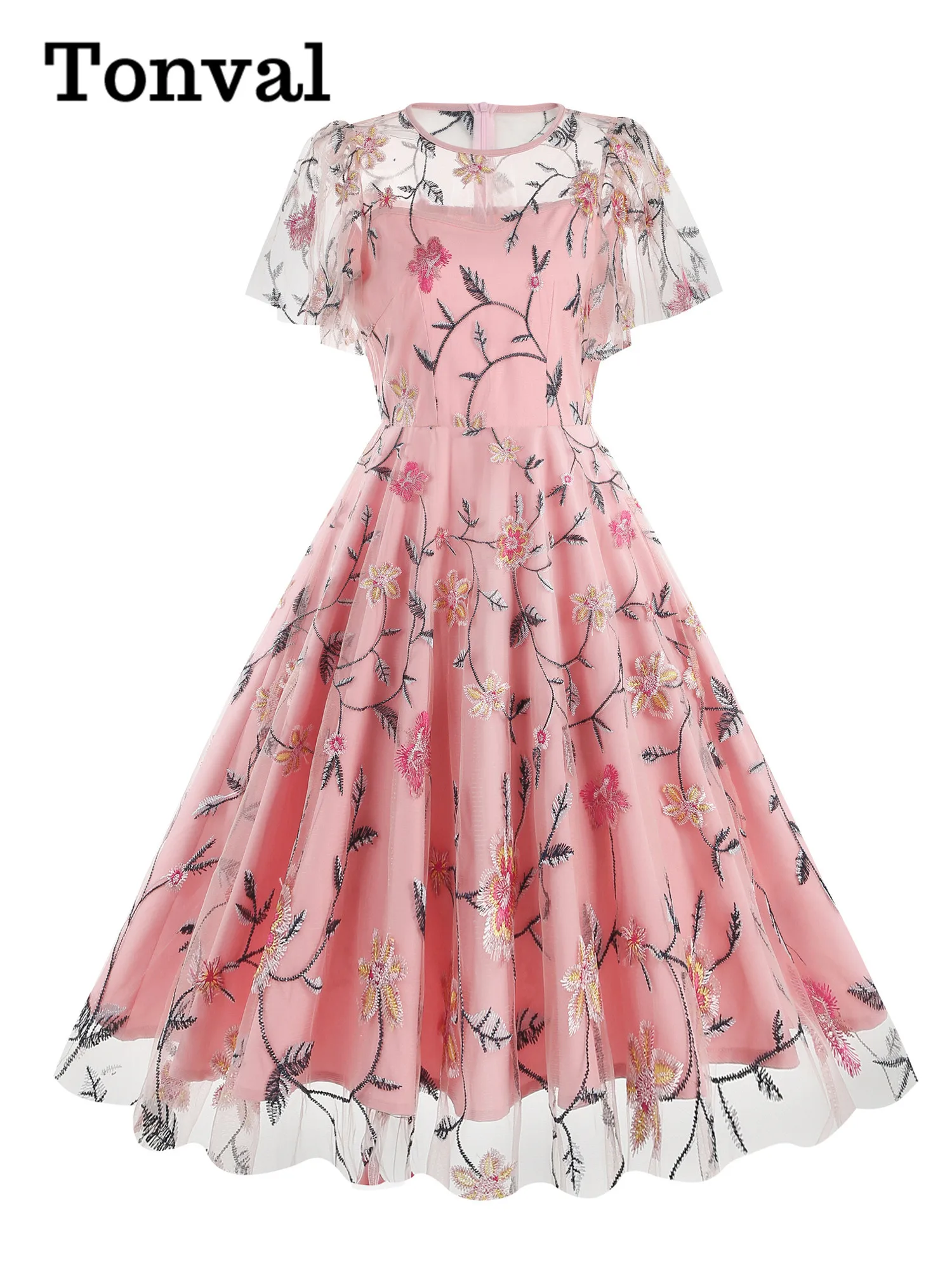 Tonval Turquoise Elegant Evening Birthday Long Dresses for Women Luxury Floral Embroidered Mesh Flare Sleeve Vintage Dress