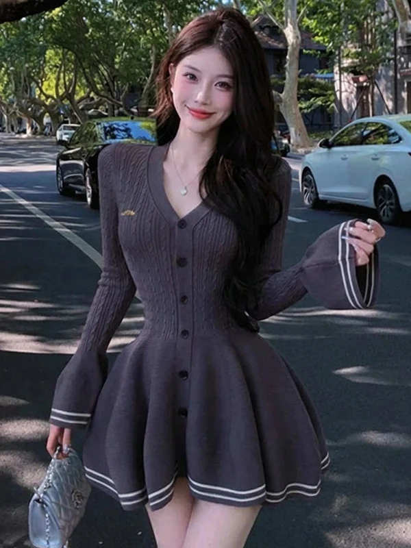 

Ele V-ne Bell Sve Knitted Dr Women's Faion Spring 2026 Slimming ort A-line Skirt Casual Sle Knitwear