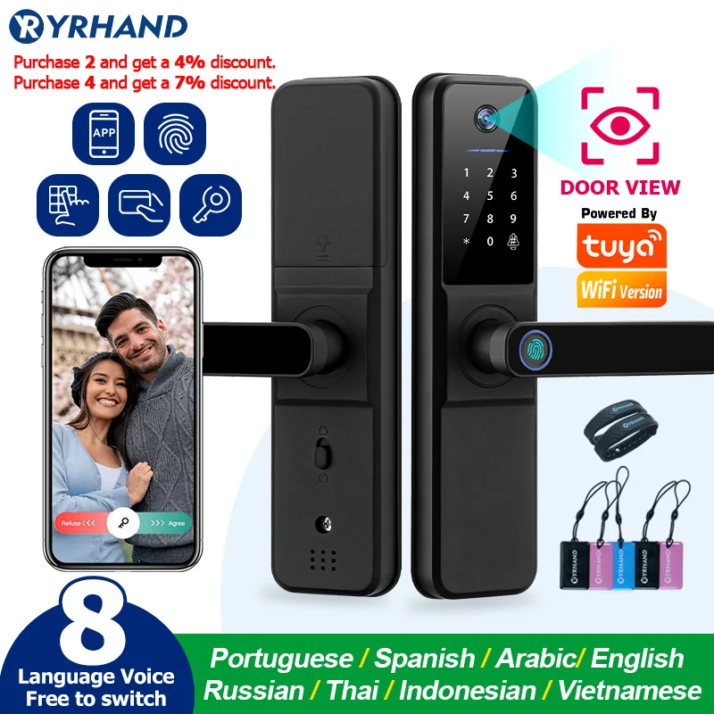 H01 Tuya Wifi Digital Electronic Smart Door Lock With Biometric Camera Fingerprint IP66 Smart Card Password Key Unlock