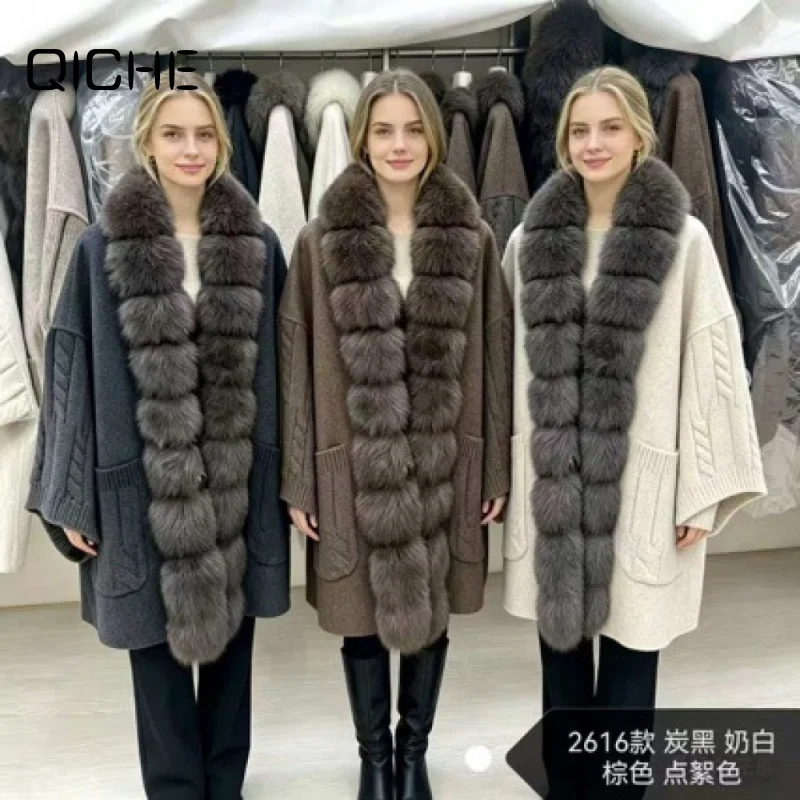QICHE 2026 Women European Style Wool Blend Coat, Loose Mid-Length Knit Spliced Jacket With Large Faux Fox Fur Collar For Winter