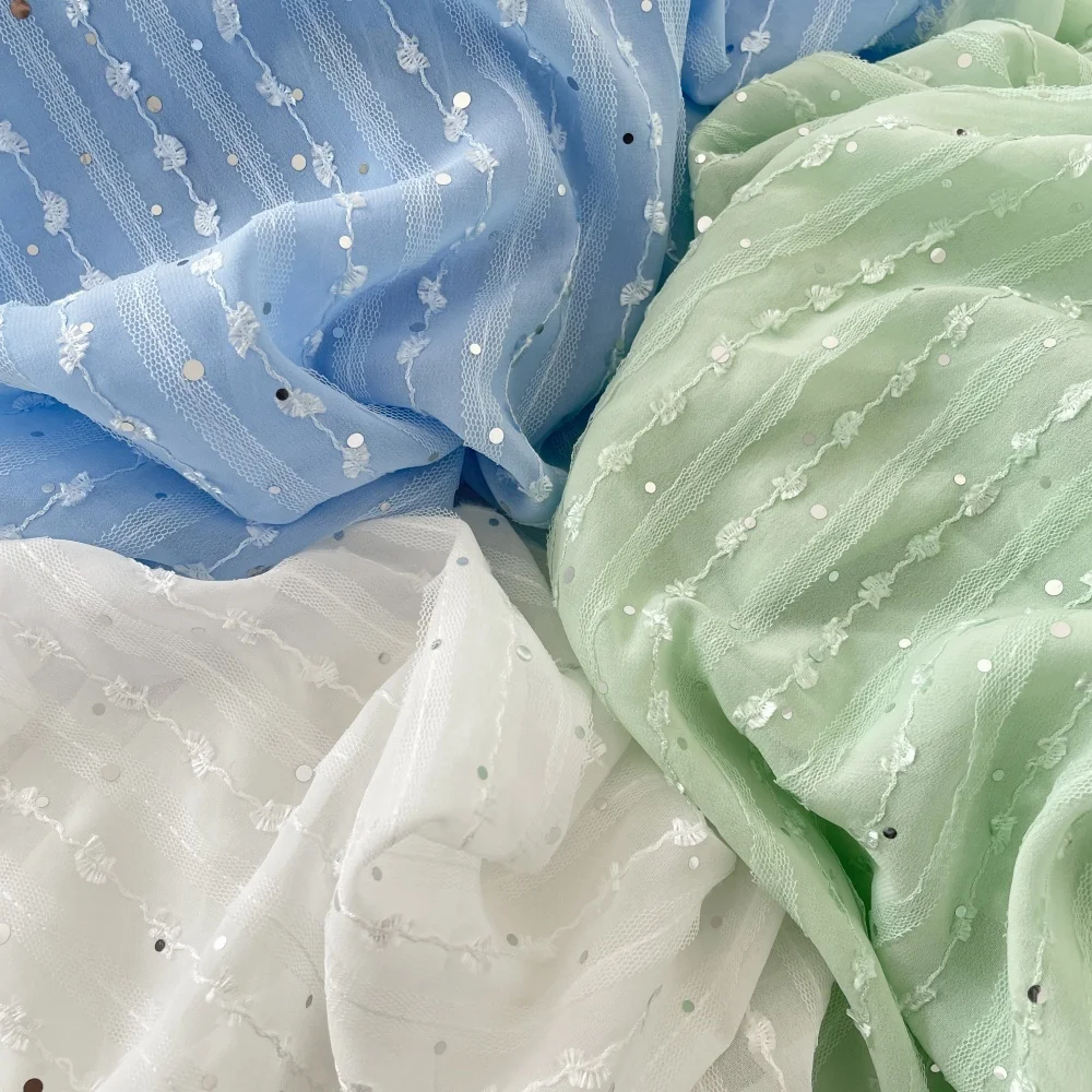 

1 Piece Of Chiffon Blue Green White Sequin Dress Fabric 145x50cm DIY Decorative Tablecloth Wedding Background Sequin Fabric
