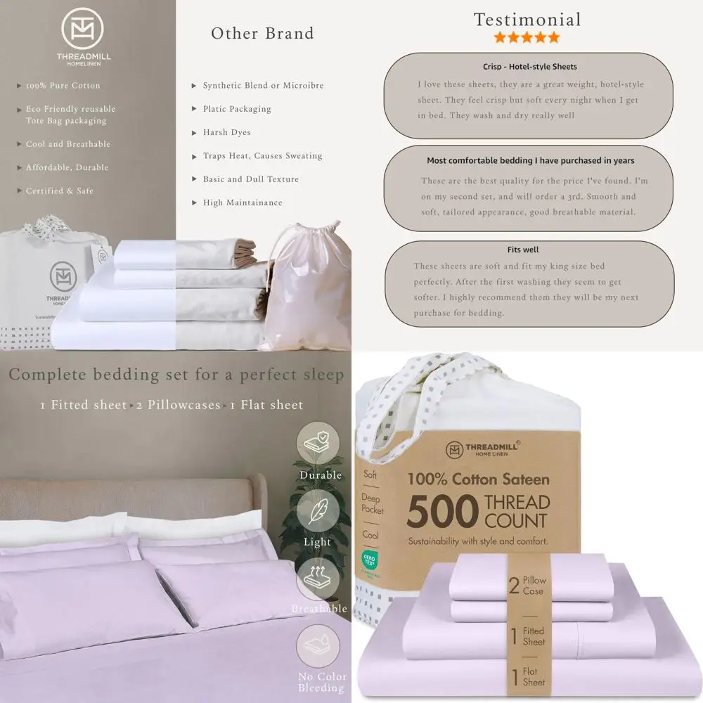 

Queen Size 500TC Cotton Sheets Set, Deep Pockets, Smooth, 4-Piece, Lilac