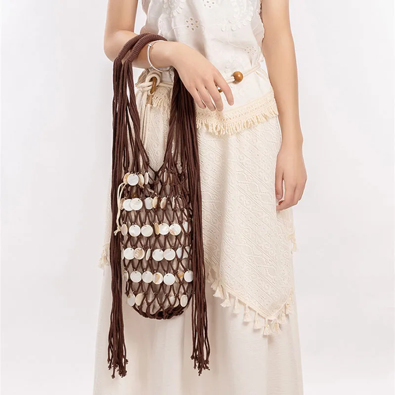 WGSTART Casual New Handmade Shell Bag Woven Bucket Tassel Embroidery Hobo Shoulder Wooden Handle Handbag Evening Clutch Bag
