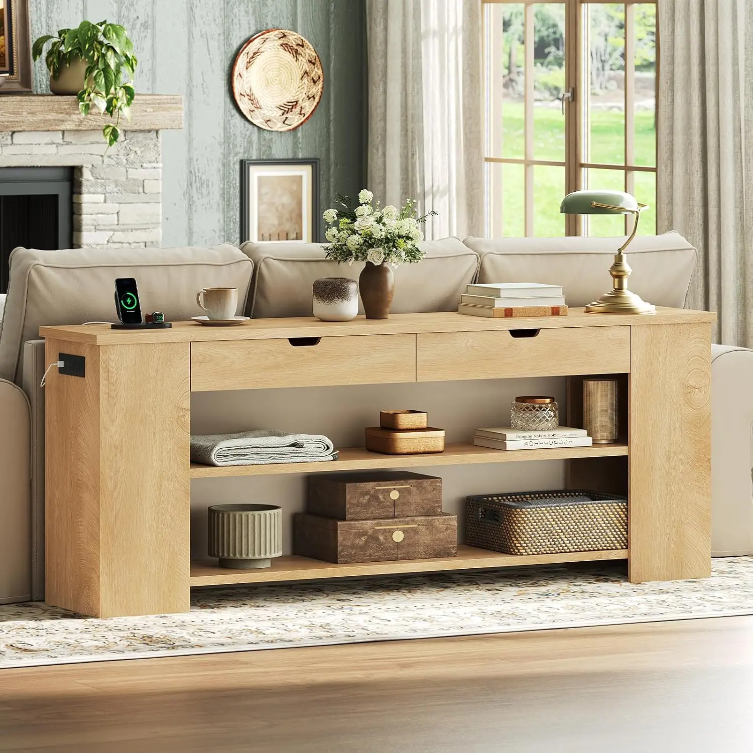 Extra Long Console Table with Drawers & Shelves, Built-in Outlets, Storage for Entryway Living Room, Natural Wood, Customized view 3