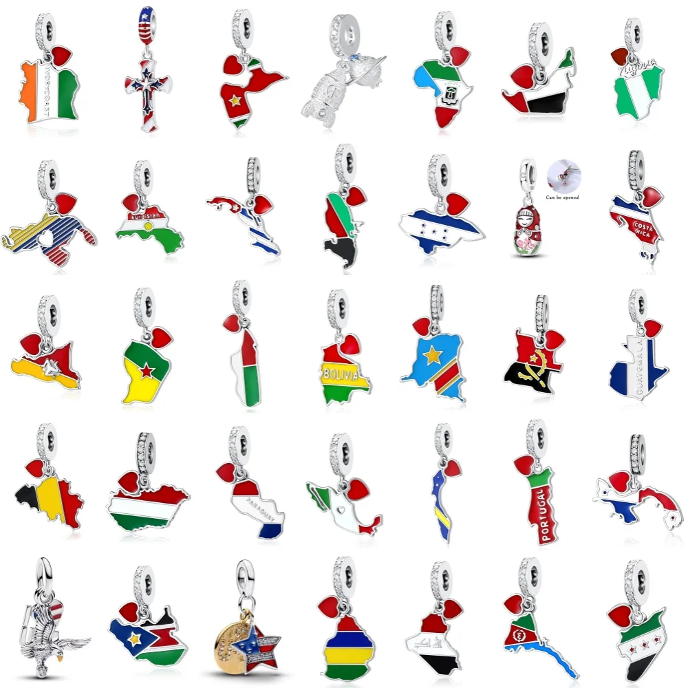 925Silver Mexico Congo Portugal Iran World Map Flag Pendant Building Bead Fit Original Bracelet Jewelry Accessories Travel Charm