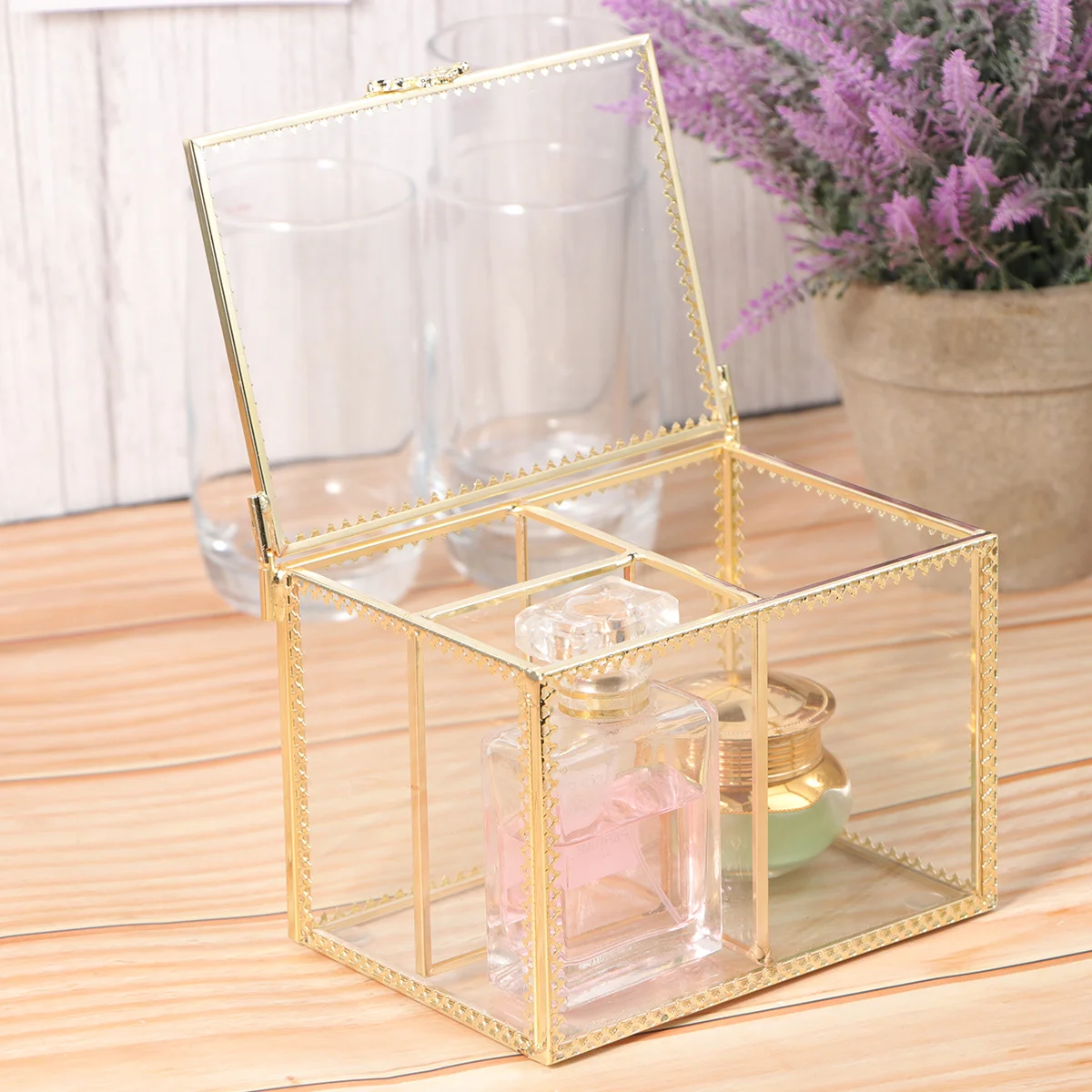 

1Pcs Glass Cosmetics Storage Box Transparent Desktop Organizer Gold Trim Geometrical Design Jewelry Holder Decor for Women Girls