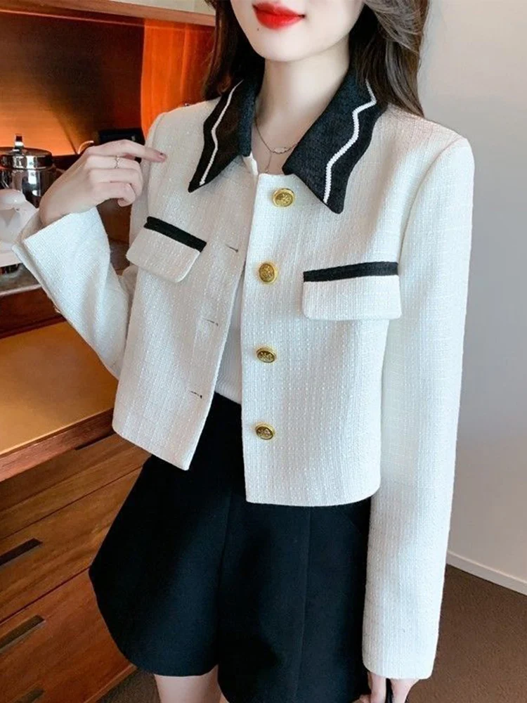 Jmprs Sweet Elegant White Jacket Women Slim Fashion Long Sleeve Cropped Coat Fall Chic Korean Casual Female Turn Down Collar Top