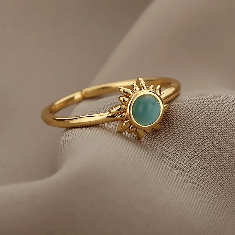 Stainless Steel Opal Stone Rings For Women Gold Plated Sun Star Wedding Couple Finger Ring Aesthetic Jewelry Gifts Free Shipping