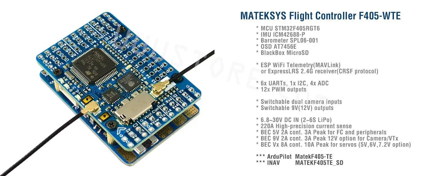 

Matek MATEKSYS F405-WTE F405 STM32F405RET6 Flight Controller Built-in OSD SD Slot DPS310 for RC Drone F405-CTR Updated version