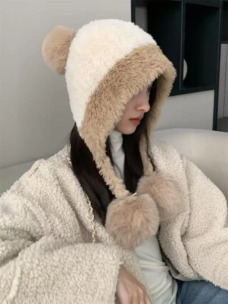 قبعة سميكة لطيفة ودافئة - مقاومة للرياح والبرد. أسلوب اللون الصلب. قبعة بيني للنساء/البنات لحماية الأذنين. #1