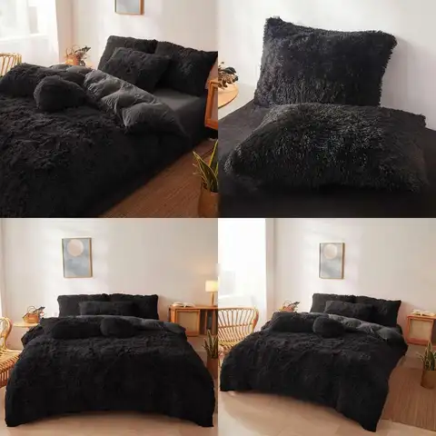 Kingsize zwart pluche pluizig dekbedovertrekset - 3-delig beddengoed met 2 kussenslopen