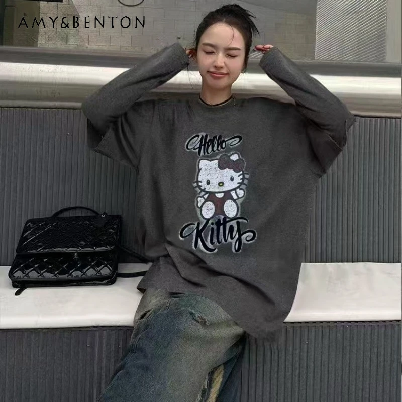 

2025 Autumn New Loose Mid-Length Color-Block Cartoon Top Tshirt Versatile Bottoming Long Sleeves T-shirt Pullover Kawaii Clothes