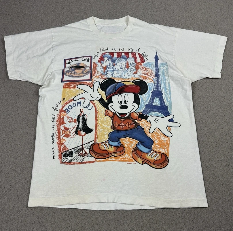 تي شيرت نسائي مطبوع عليه شخصية ديزني الرسمية تي شيرت قطني مريح للخريف والشتاء تي شيرت نسائي عالمي للزوجين