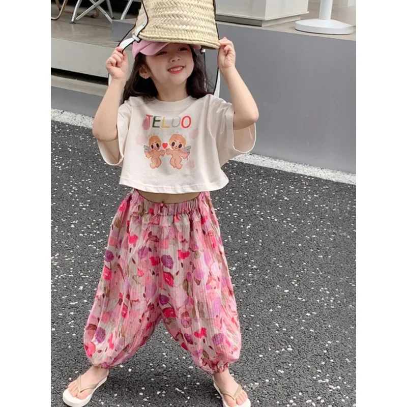 

Baby Casual Cute Suit New Girls Short-Sleeved Sets Children's Cartoon Fashion Printed Pants Two-Piece 12M-8 Years Summer 2024