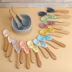 TYRY.HU 2PCS Baby Bamboo Fork Silicone Wooden Baby Feeding Spoon Toddlers Infant Feeding Accessories Organic BPA Free Food Grade