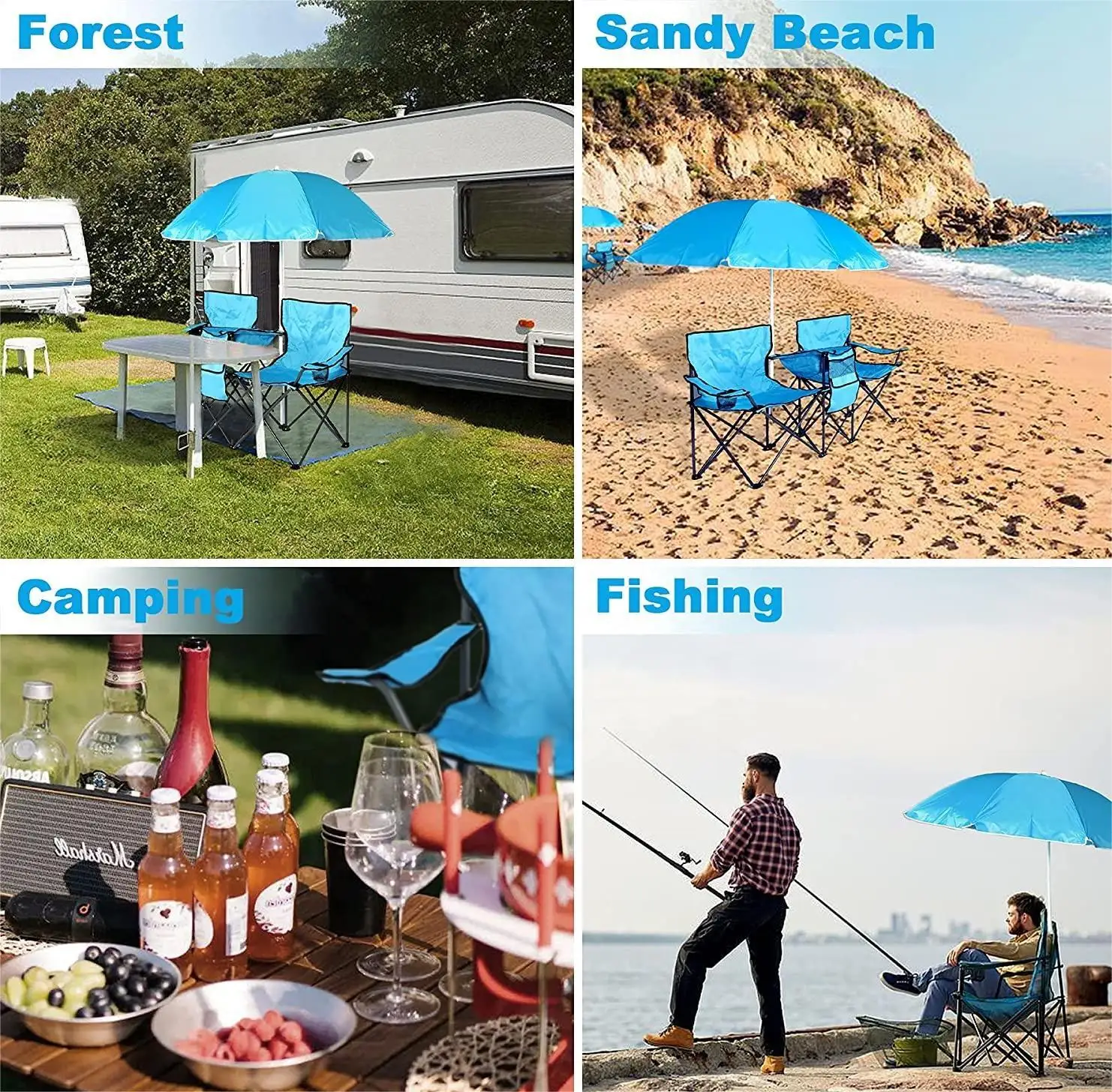 Wholesale Double Portable Picnic Chair Folding Camping Chair with Umbrella Outdoor Beach Camping Chair Iron Custom Logo