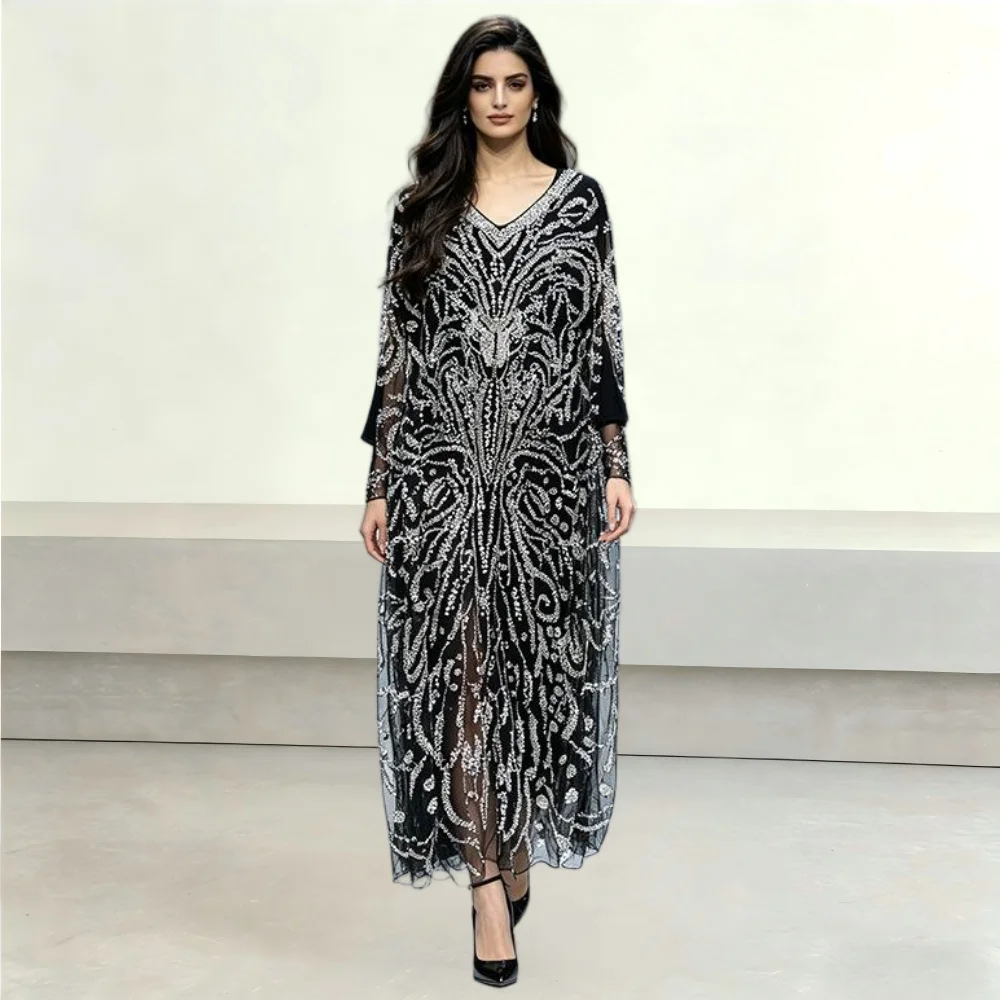 

Black Silver Hand Beaded Kaftan Maxi Dress V Neck Long Sleeve Luxury Muslim Evening Gown Women Wedding Guest Formal Party Abaya