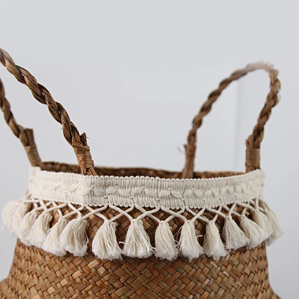 Foldable Handwoven Wicker Storage Baskets Potted Planter Laundry Basket Folding Eco-Friendly Boho Rattan Hanging Basket Seagrass