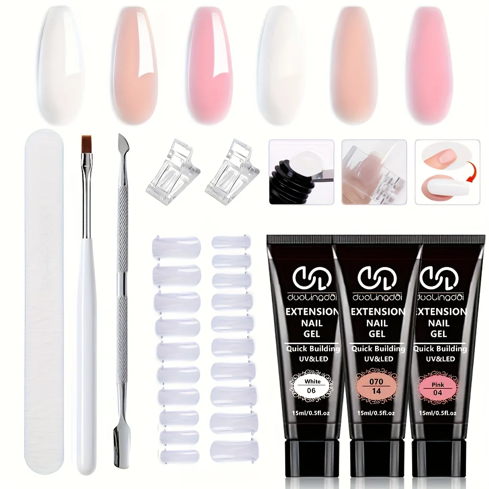 

Poly Nail Gel Kit, 3 Colors Clear Pink Nude 0.51oz Poly Extension Gel Nail Kit with Slip Solution for Beginners Manicure Tools