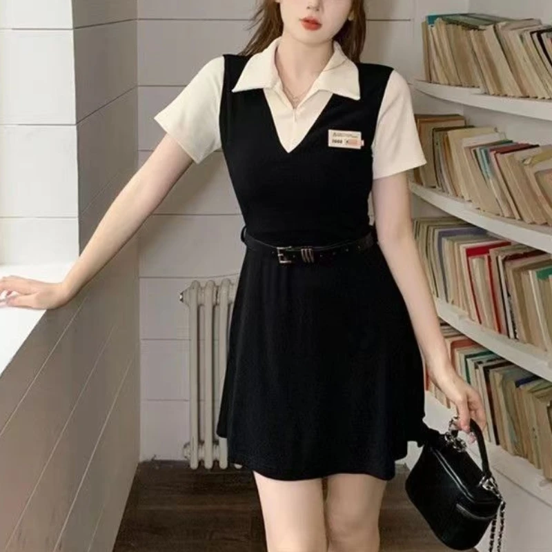 2024 Summer Elegance Short Sleeved New American Academy Flip Collar Two Piece Dress with Waist Wrap to Show Slim Spicy Girl Skir