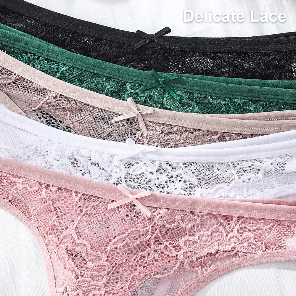 5Pcs Womens Lace Thong Panties Low Waist Sexy Soft Breathable Transparent Triangle Underwear Comfortable Everyday Lingerie