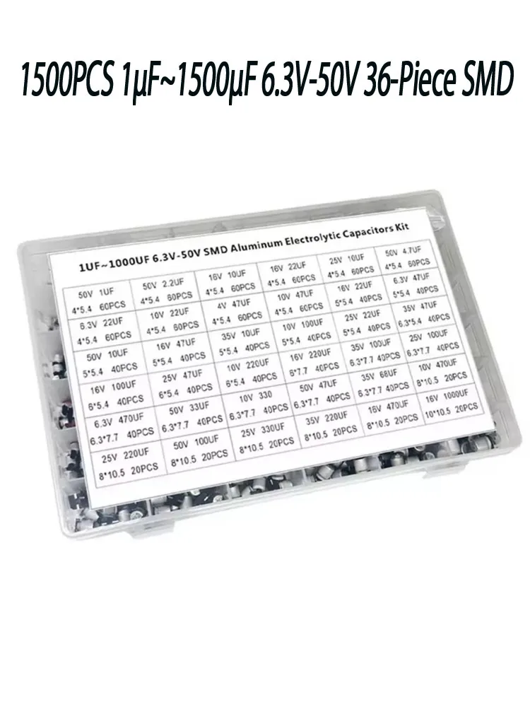 1500PCS 1μF~1500μF 6.3V-50V 36-Piece SMD Surface Mount Aluminum Electrolytic Capacitor Kit