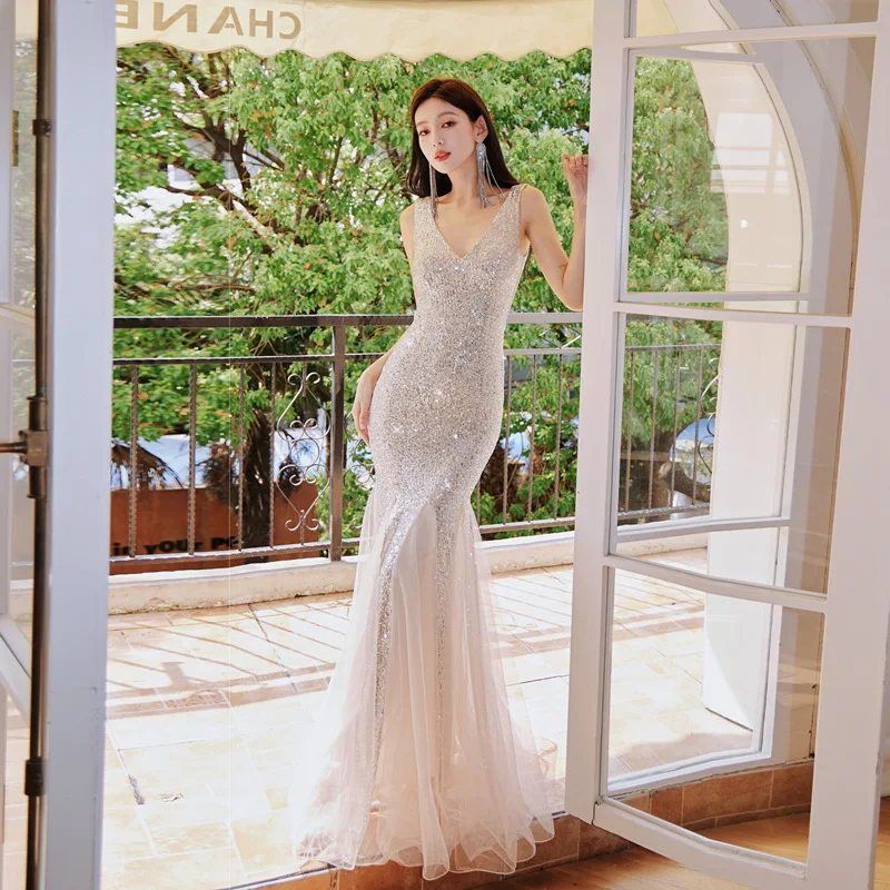 

Вечернее платье-русалка 2026: Новинка весенней коллекции, блестящее, с пайетками, из фатина, с юбкой-«рыбий хвост», с завышенной талией, из ткани Me Fabric