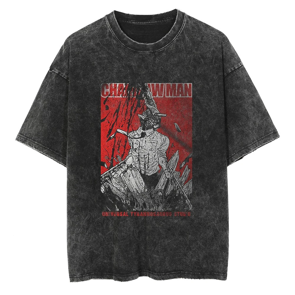 

Unisex Oversized T-Shirt 2025 Chainsaw Man Japanese Manga Short-Sleeved Tees Retro Washed Cotton Heavy Summer Tops for Men Women